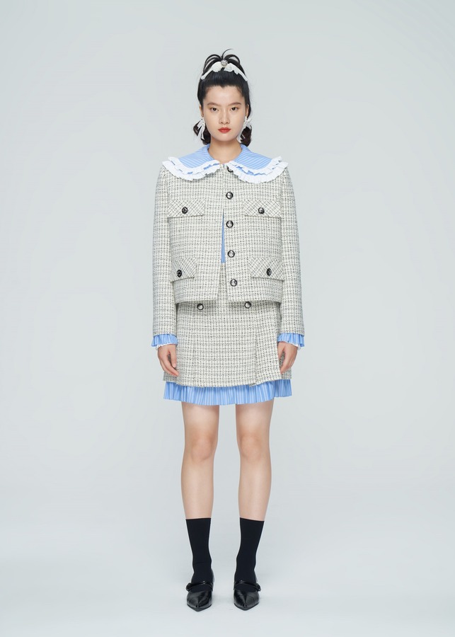 双排扣拼接百褶裙