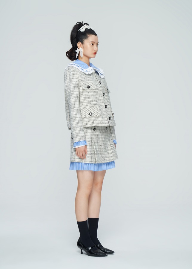 双排扣拼接百褶裙