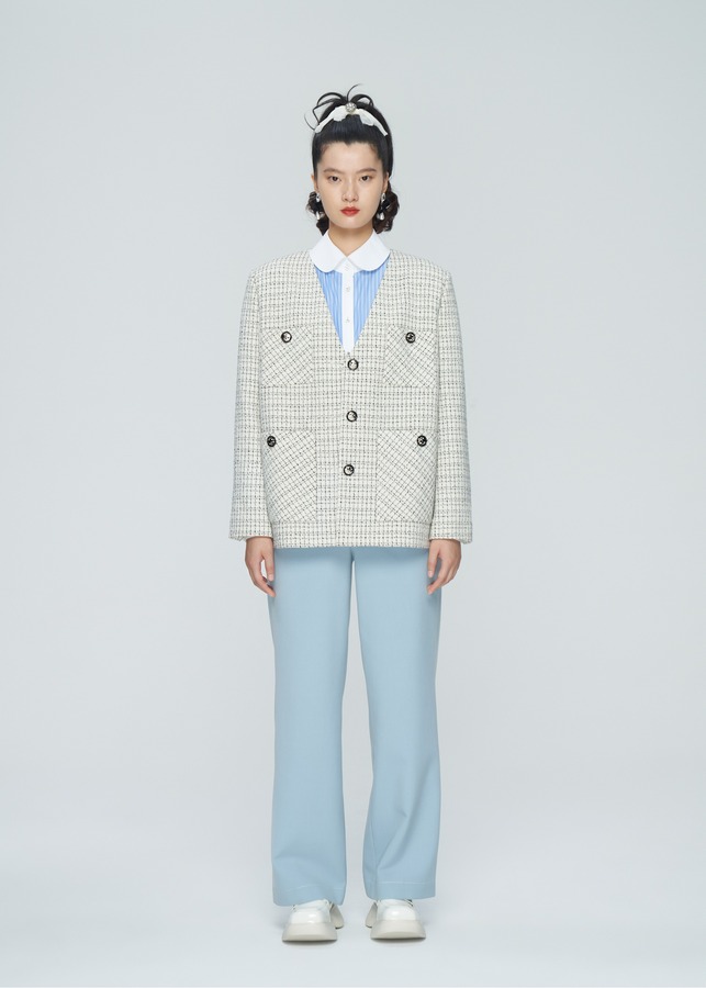 箱型无领西装外套