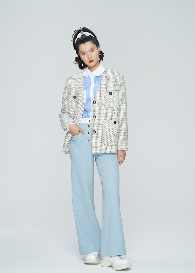 箱型无领西装外套