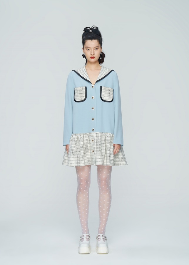 海军领拼接连衣裙外套