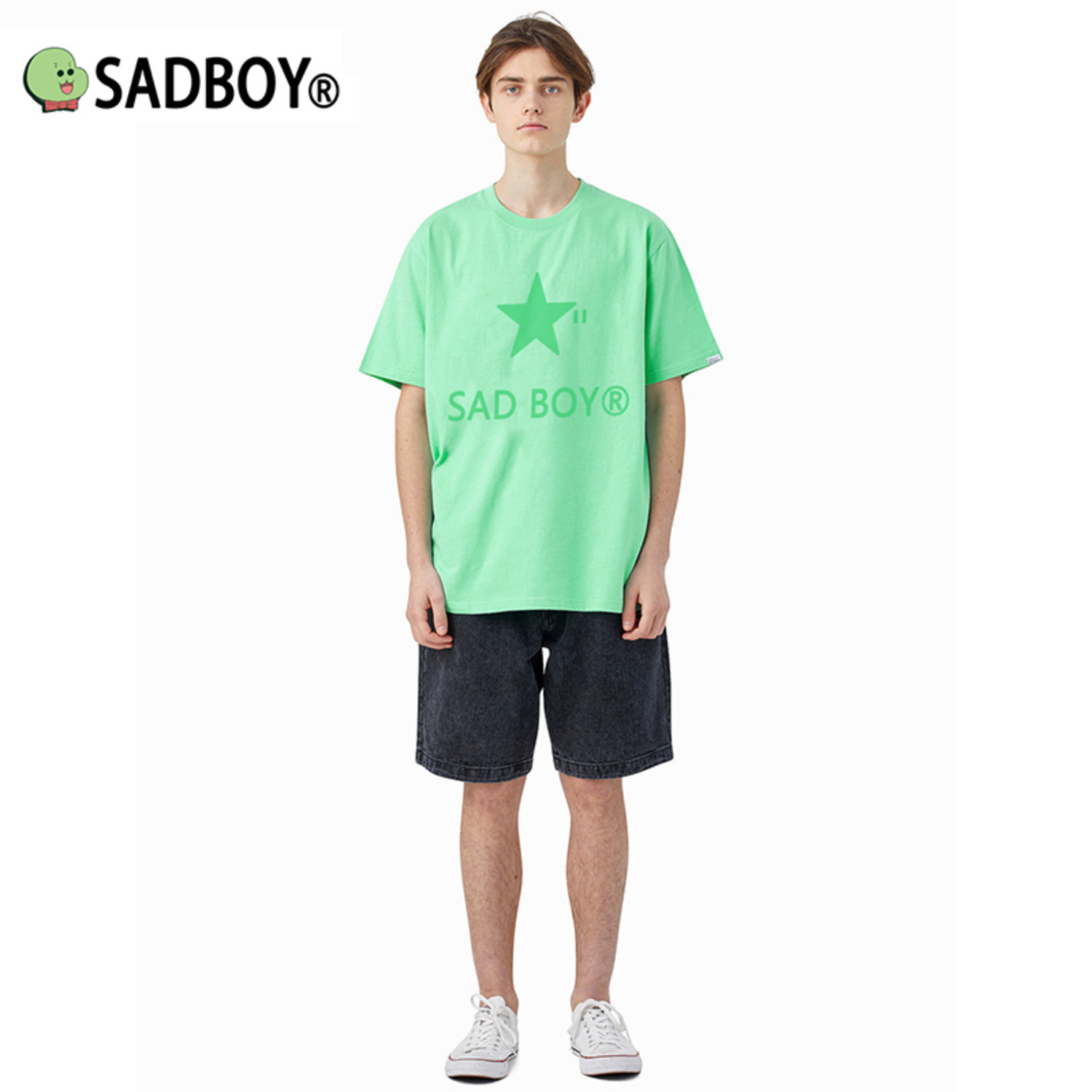 SadBoy邮递员联名原创绿色星星流行宽松圆领印花休闲情侣纯棉T恤-3