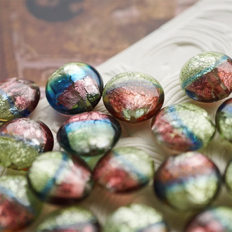 彩色渐变超透银箔手造扁圆珠~日本古董玻璃琉璃珠DIY材料 19MM