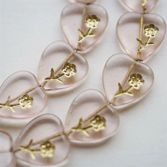 少女浅透粉色描金色绝绝~小花爱心捷克珠玻璃琉璃珠 15MM