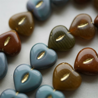 5枚入！混合mix秋冬棕黄灰色调描金~爱心桃心点捷克珠玻璃琉璃珠 14MM