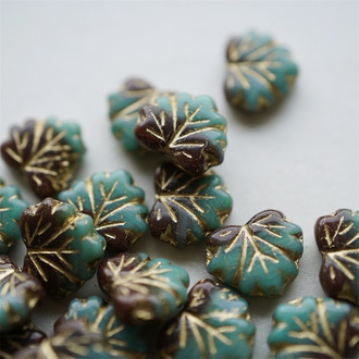 秋冬感酒红拼绿mix描金~树叶捷克珠玻璃琉璃珠 11X13MM