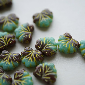 秋冬深红绿mix彩绘黄色~树叶捷克珠玻璃琉璃珠 11X13MM