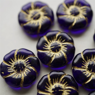 暗夜蓝描金色~捷克珠夸张大花朵玻璃琉璃珠 22MM
