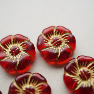 透宝石红描金~捷克珠夸张大花朵玻璃琉璃珠 22MM