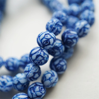 白拼蓝斑驳感绝美~古董珠形玫瑰花珠蔷薇花捷克珠玻璃琉璃珠 9MM