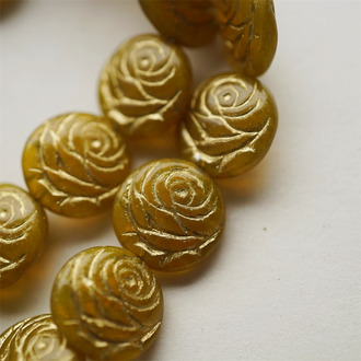 古朴橘色描金~浮雕玫瑰扁圆捷克珠玻璃琉璃 17MM