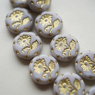浅灰紫色描金~捷克玻璃琉璃花朵镶花边扁圆古董珠 18MM