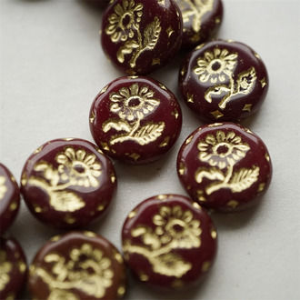 车厘子红mix描金色~捷克玻璃琉璃花朵镶花边扁圆古董珠 18MM