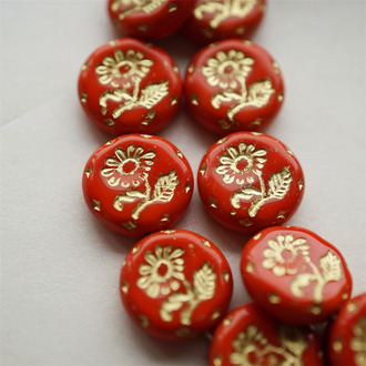 圣诞红色描金~捷克玻璃琉璃花朵镶花边扁圆古董珠 18MM
