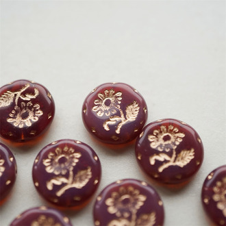 梅子紫粉玫瑰金色~捷克玻璃琉璃花朵镶花边扁圆古董珠 18MM