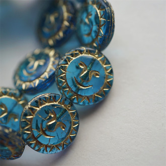 绝版色海蓝宝色描金色~kirks folly风格扁圆月亮珠笑脸珠捷克珠玻璃琉璃珠 17MM
