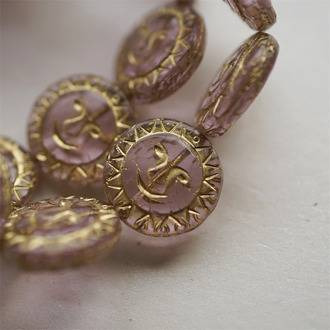 绝版色浅透粉描金色~kirks folly风格扁圆月亮珠笑脸珠捷克珠玻璃琉璃珠 17MM