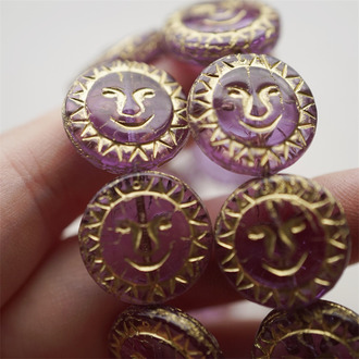 绝版色透紫色描金色~kirks folly风格扁圆月亮珠笑脸珠捷克珠玻璃琉璃珠 17MM