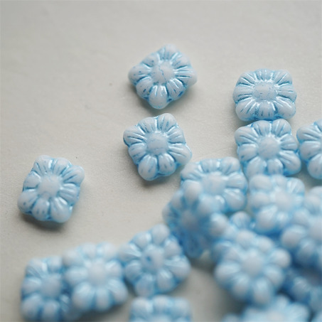 白色描蓝~方形花朵扁珠捷克珠玻璃琉璃珠 9MM-2