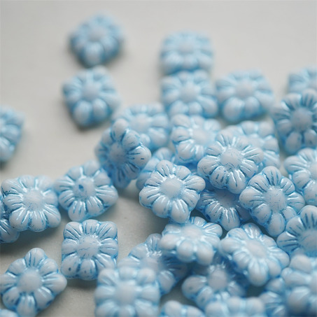 白色描蓝~方形花朵扁珠捷克珠玻璃琉璃珠 9MM-1
