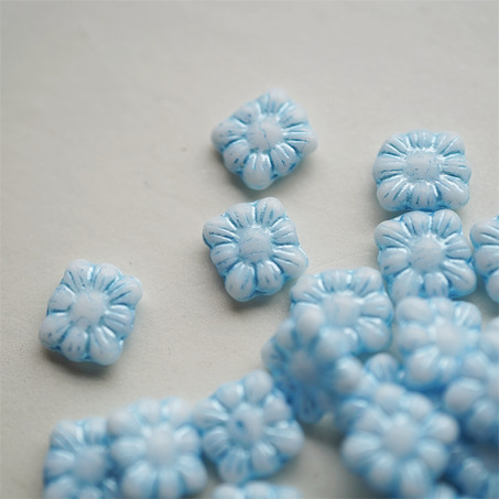 白色描蓝~方形花朵扁珠捷克珠玻璃琉璃珠 9MM-3