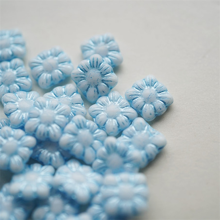 白色描蓝~方形花朵扁珠捷克珠玻璃琉璃珠 9MM