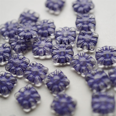 透明描深蓝紫~方形花朵扁珠捷克珠玻璃琉璃珠 9MM-1