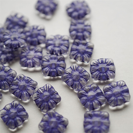 透明描深蓝紫~方形花朵扁珠捷克珠玻璃琉璃珠 9MM-3
