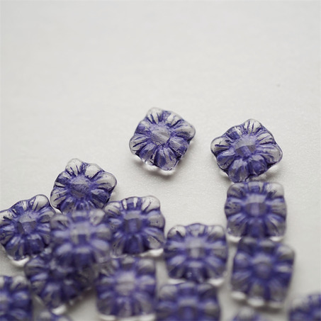 透明描深蓝紫~方形花朵扁珠捷克珠玻璃琉璃珠 9MM-2