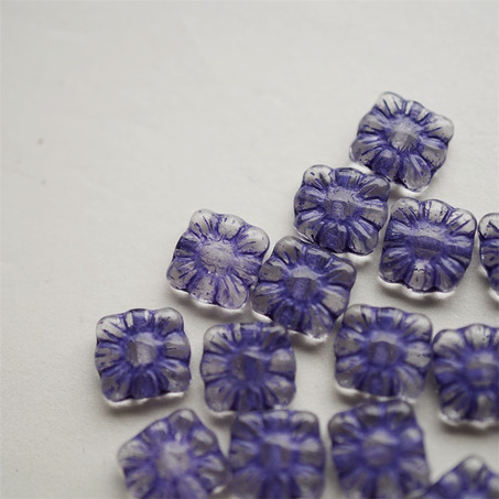 透明描深蓝紫~方形花朵扁珠捷克珠玻璃琉璃珠 9MM-4