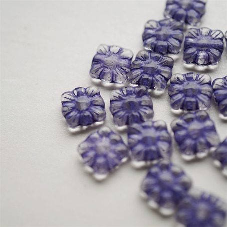 透明描深蓝紫~方形花朵扁珠捷克珠玻璃琉璃珠 9MM