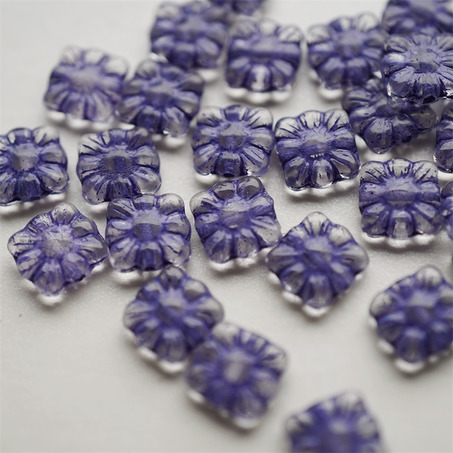 透明描深蓝紫~方形花朵扁珠捷克珠玻璃琉璃珠 9MM-6