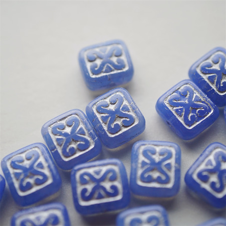 蛋白蓝描银色~浮雕巴洛克纹样长方形扁珠 11X12MM-6