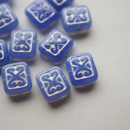 蛋白蓝描银色~浮雕巴洛克纹样长方形扁珠 11X12MM-5