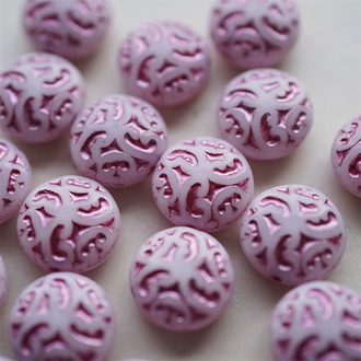 白色描粉色~复古浮雕纹样扁圆珠捷克珠玻璃琉璃珠 14MM