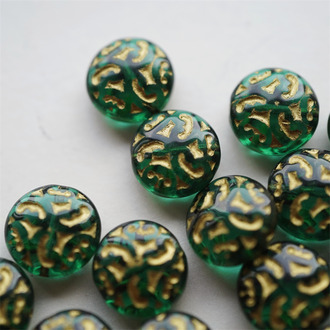 祖母绿描金色~复古浮雕纹样扁圆珠捷克珠玻璃琉璃珠 14MM