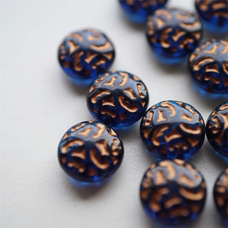 透墨兰描玫瑰金~复古浮雕纹样扁圆珠捷克珠玻璃琉璃珠 14MM