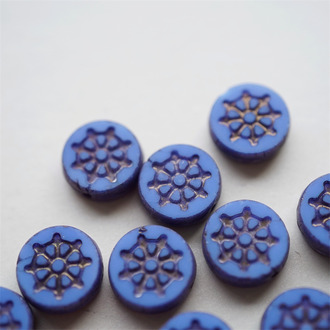 蓝色金属光泽~扁圆珠花纹HOBO风海军风ins款捷克珠玻璃琉璃珠 12MM