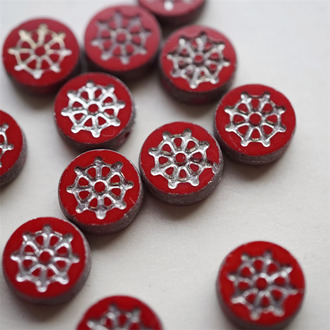 红色描白金边~扁圆珠花纹HOBO风海军风ins款捷克珠玻璃琉璃珠 12MM