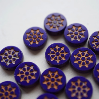 蓝色斑驳古铜金边~扁圆珠花纹HOBO风海军风ins款捷克珠玻璃琉璃珠 12MM