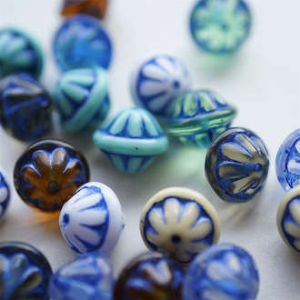 5枚入~绝版mix纯色描蓝色~立体光面捷克珠玻璃琉璃珠星球土星珠 12X14MM