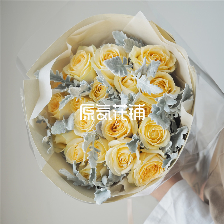 原气花铺-花店-上海-北京香槟Pro--香槟玫瑰银叶菊混合花束-2