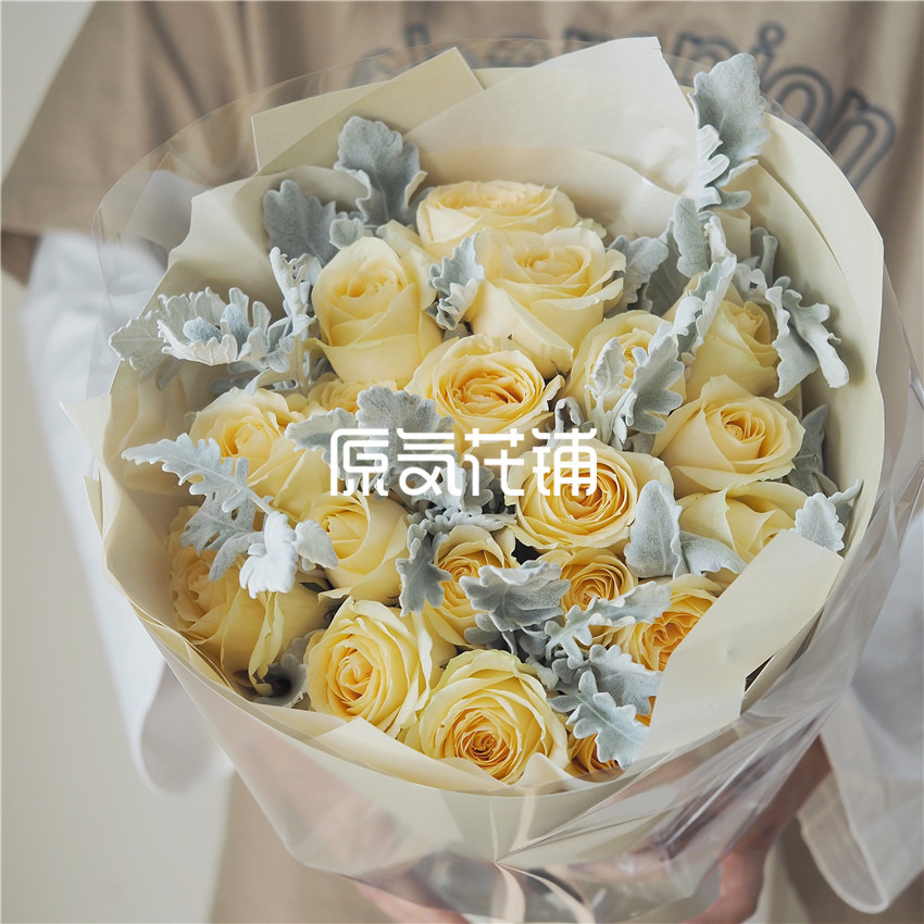 原气花铺-花店-上海-北京香槟Pro--香槟玫瑰银叶菊混合花束-4