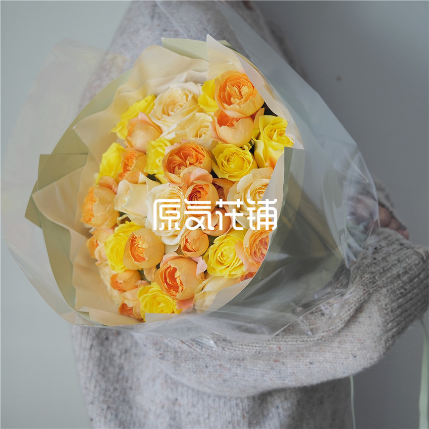 原气花铺-花店-上海-北京闪光的日子--香槟玫瑰黄玫瑰多头玫瑰混合花束-5