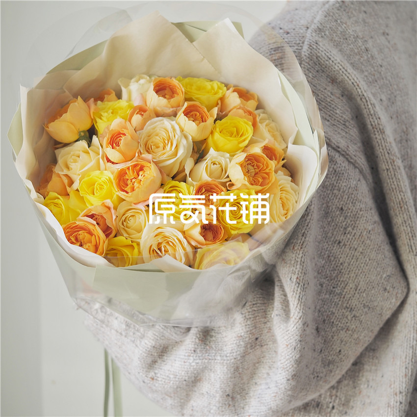 原气花铺-花店-上海-北京闪光的日子--香槟玫瑰黄玫瑰多头玫瑰混合花束-6