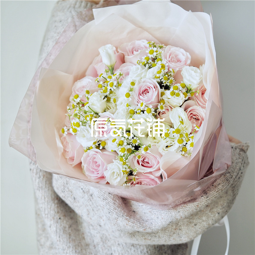 原气花铺-花店-上海-北京温柔--粉雪山玫瑰洋桔梗洋甘菊混合花束-2