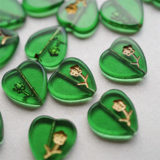 翡翠绿描金色~小花爱心桃心捷克珠玻璃琉璃珠 15MM