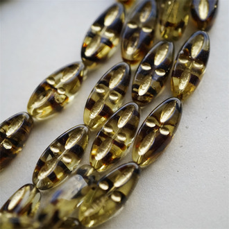秋日透感浅玳瑁色描金~十字纹椭圆梭形扁珠捷克珠玻璃珠琉璃珠 20X9MM