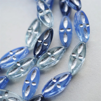 5枚入！绝版温柔蓝色调描银mix~十字纹椭圆梭形扁珠捷克珠玻璃珠琉璃珠 20X9MM