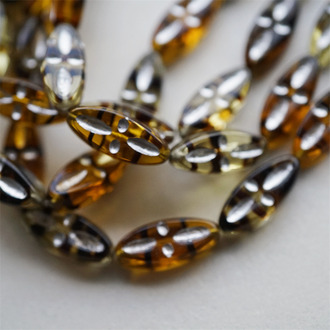 5枚入！绝版秋日感玳瑁色mix描银色~十字纹椭圆梭形扁珠捷克珠玻璃珠琉璃珠 20X9MM